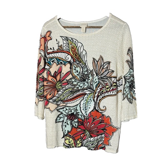 Chico's Sweaters - Chicos‎ Sweater 2 Large Multicolor Pullover Artsy Ladies Floral Art to Wear